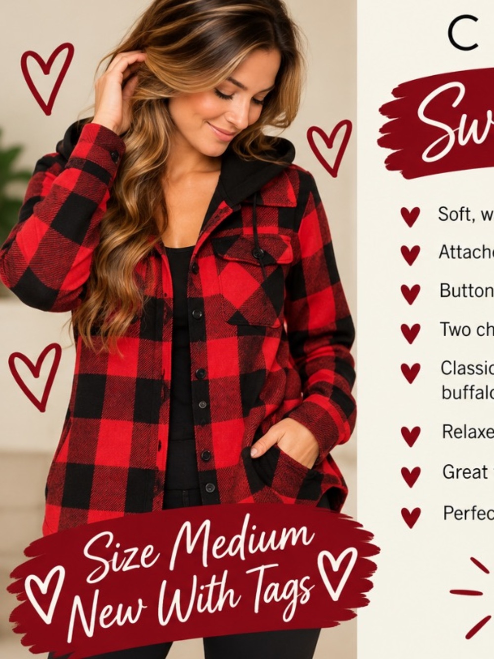 CISO Red Black Buffalo Plaid Hooded Flannel Shacket Jacket Women’s Medium NWT